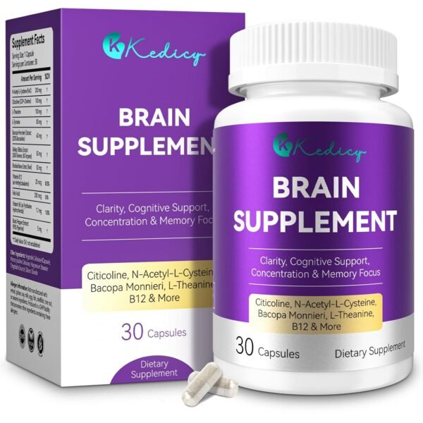 Brain Supplements for Memory and Focus, 11 in 1 Brain Supplement with NAC, B12, L-Theanine, Bacopa Monnieri & More - for Brain, Cognitive, Mental Clarity & Concentration -...